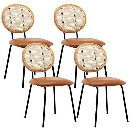 Jaxsen Faux Leather Indoor Kitchen Dining Chairs Set Of 4 With Rattan Backrest,Modern Industrial Upholstered Chairs Mid Century Metal Dining Chair For Dining Room Wine Coffee Bar Whiskey Brown,18" #TOP6