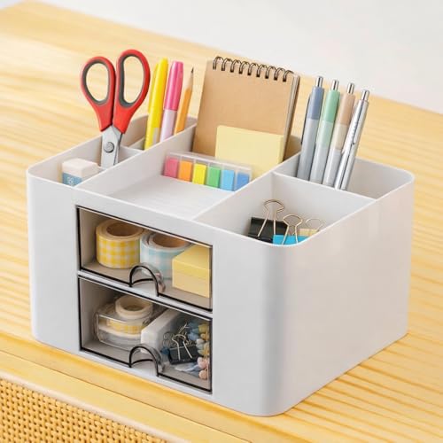 Image of ROKTRY Multi-Purpose Desk Organizer with 2 Clear Drawers and 6 Compartments, Plastic Stationery Storage Box for Office, School & Home, Desktop Pen Stand, Art Supply Caddy & Makeup Organizer (White)