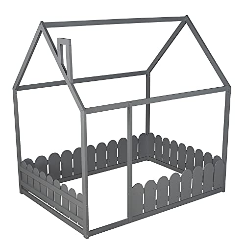 Nishore Full Size Wood Bed House Bed Frame With Fence, For Kids, Teens, Girls, Boys Gray （Slats Are Not Included #TOP6