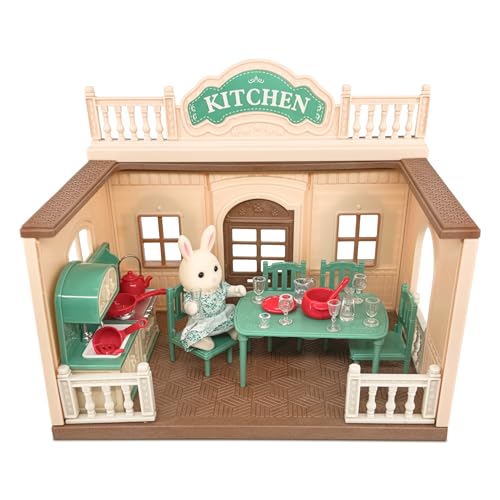 OLEOCA Family Kitchen Doll House — Cozy Cabin with Bunny Figure, Dining Set & Cookware, Complete Modular Dollhouse Playset for Creative Pretend Play Ages 3+