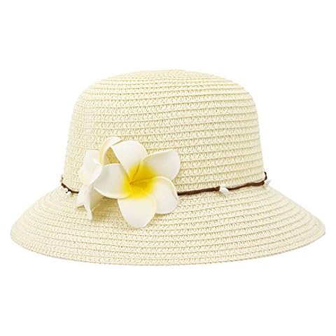 Surkat Girls Flower Straw Hat Large Brim Beachwear Sunhat Floral Tea Party Cap(Creamy) Cover