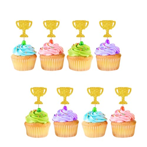 24pcs Trophy Cupcake Toppers, Number 1 Trophy Sign Cupcake Toppers, Gold Glitter Cake Decorations for 1st Birthday/Game Play Theme Party Supplies