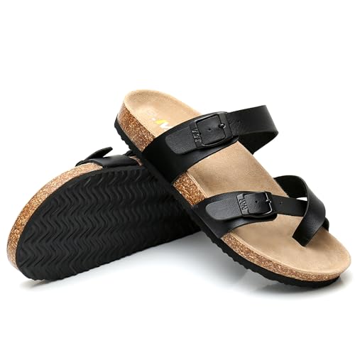 Image of WTW Cork Footbed Womens Sandals Genuine Leather Insole Slides Sandals for Women Adjustable Buckle Summer Sandals Outdoor Walking