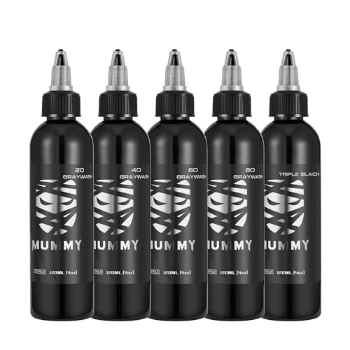 Mummy USA Custom Tattoo Ink Greywash Set,5 Bottles(4oz Each),Evenly Long Lasting Vibrant and Bright, No Irritation(4oz)