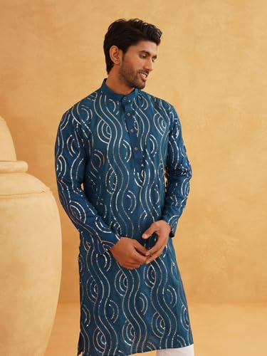 Image of SOJANYA (Since 1958 Men's Silk Blend Navy Blue Kurta with Multi Color Embroidery