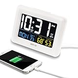 [Upgrade Version] ZHPUAT Digital Alarm Clock Auto Brightness, Both USB Battery Operated, 6 Grades Adjustable Light, 4 Time Zones Auto DST Bedrooms, White