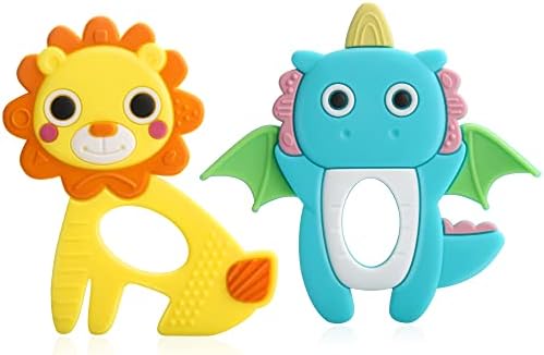 Safeswee Baby Teething Toys 2 Pieces Silicone Baby Teether Freezer Safe Baby Chew Lion and Dinosaur Teether Toys for Babies 0-6 Months 6-12 Months, Baby Toys Gifts for Boys and Girls