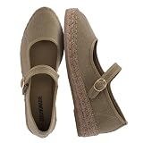 CUSHIONAIRE Tapas Canvas Mary Jane Flat Espadrilles for Women, Cushioned Comfort Closed Toe with Adjustable Strap, TAUPE 8.5