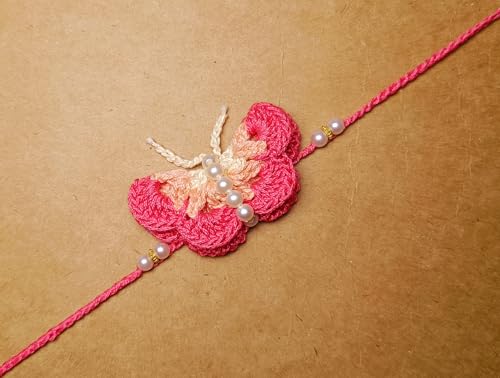 Image of Designer Butterfly Rakhi For Kids Baby Brother Bhai Sister Girls | Handcrafted With Soft Cotton Thread | Butterfly Crochet Rakhi For Kid Baby Boy Bro Brother Bhai Bhaiya Girl Sister Niece | Eco-Friendly & Soft on Skin | Pink Colour | Buy 2 Save 20%