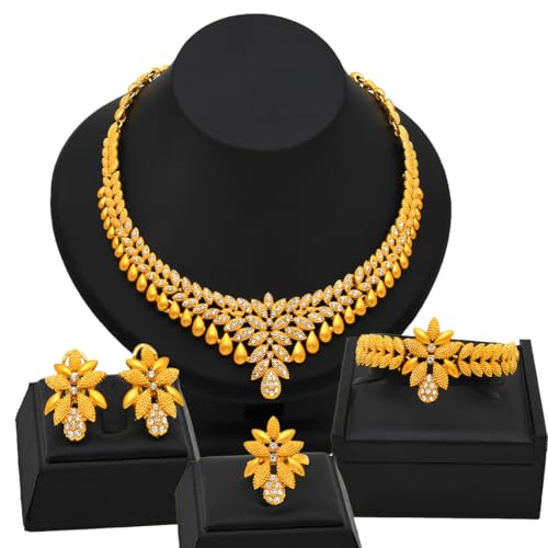 Indian Bollywood Women Jewelry Sets 24K Gold Plated Dubai Gold Necklace Earrings Bangle Fashion Wedding Prom Jewelry Set