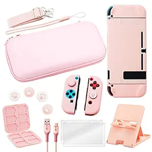 PlayM Pink Carrying Case & Accessories Bundle for Nintendo Switch, Cute Accessories Kit with Protective Cover, Screen Protector, Adjustable Stand, Game Card Case, Thumb Grips & Charger Cable for Girls