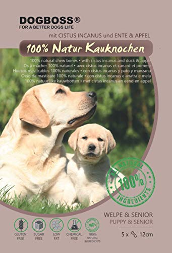 DOGBOSS Kauknochen mit Cistus Incanus (Zistrose) aus 100% natürlichen Zutaten speziell für Welpen & Seniorhunde in verschiedenen Größen und Geschmack (5er mit Cistus Incanus und Ente & Apfel, 12 cm)