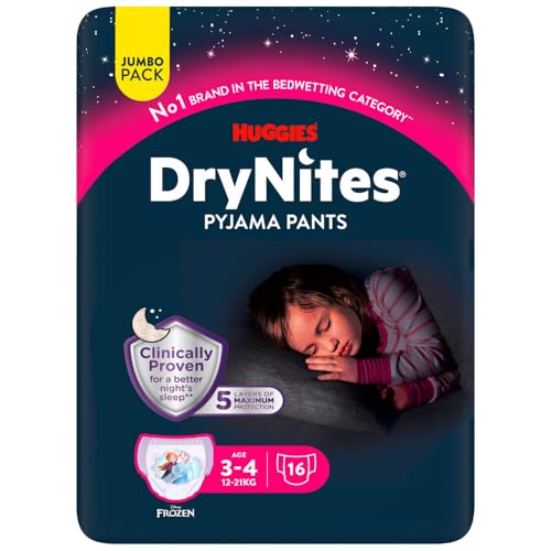 Huggies Drynites Pañales De Noche Para Niña 3-4 16-23 Kg , Clínicamente Probado Con 5 Capas De Máxima Protección Nocturna, 4 Packs De 16, Total 64 Bragas Absorbentes