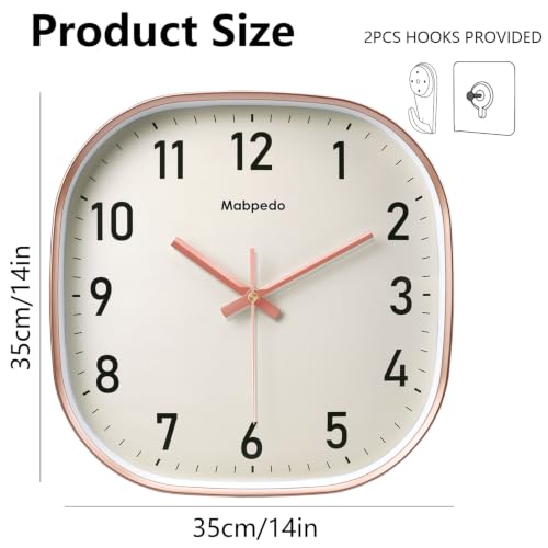 Image of 14Inch Wall Clock, Rose Gold Square Silent Non Ticking Analog Clock