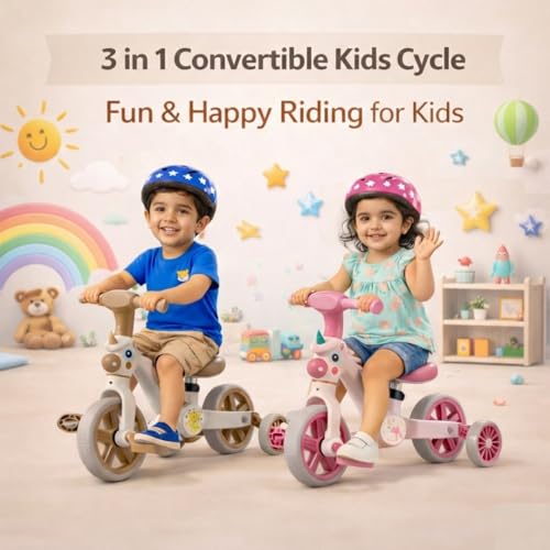 Image of 3 in 1 Convertible Kids Cycle | Tricycle & Balance Bike for Kids 2 to 5 Years | Baby Cycle with Removable Pedals, Foldable Support Wheels, Light & Music for Boys & Girls