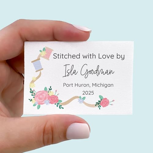 Personalized Cotton Fabric Tags 2”x3” Each | Custom Sewing Labels, Set of 12 Labels – Sew On or Iron On – Gift for Quilters, Knitters, mom – Machine Washable Quilt Tags - Thread & Flowers