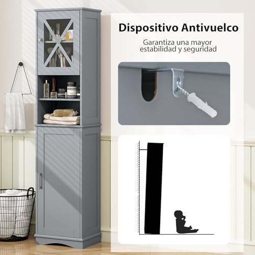 COSTWAY Armario Alto, Mueble Columna de Baño con 2 Puertas y 2 Compartimentos Abiertos, Armario Independiente de Despensa con 5 Estantes Ajustables, Mueble Estrecho con Dispositivo Antivuelco - imagen 7