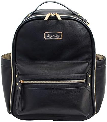 Itzy Ritzy Mini Diaper Bag Backpack – Chic Mini Diaper Bag Backpack with Vegan Leather Changing Pad, 8 Total Pockets (4 Internal and 4 External), Grab-Top Handle and Rubber Feet, Black