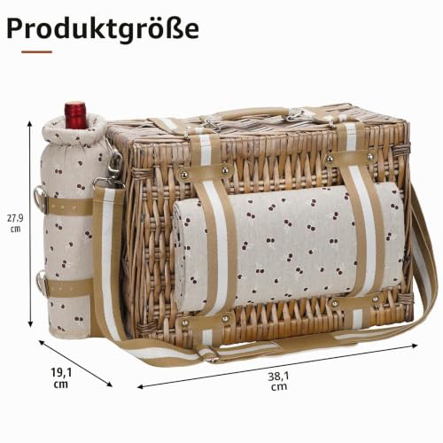 19-teiliges Picknickkorb-Set für 2 mit Decke – Weidenkorb mit Gurt, Weintasche | Weiden-Picknickset für 2 Personen mit isoliertem Kühler | Weidenkorb mit Besteck-Set, Beige