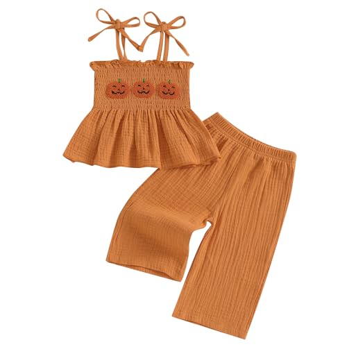 Kayotuas Halloween Toddler Girl Outfits Pumpkin Smocked Spaghetti Strap Tank Top Dress Gingham Plaid Pants Halloween Clothes (Pumpkin Orange 2-3T)