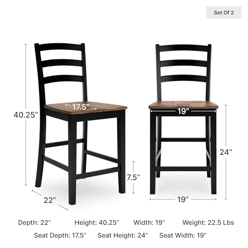 Image of Signature Design by Ashley Counter Height Barstool, Set of 2, Brown /Black | Solid wood frame with contoured butcher block veneer seat, Farmhouse style for kitchen islands, Wildenauer Series