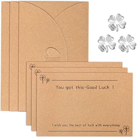 Vicloon Good Luck Greeting Card, 3Pcs Kraft Good Luck Card with 3Pcs Four Leaf Clover Charm and 3Pcs Kraft Paper Envelopes with Heart Clasp for Thank You Notes Christmas Valentine's Day Gift Cards