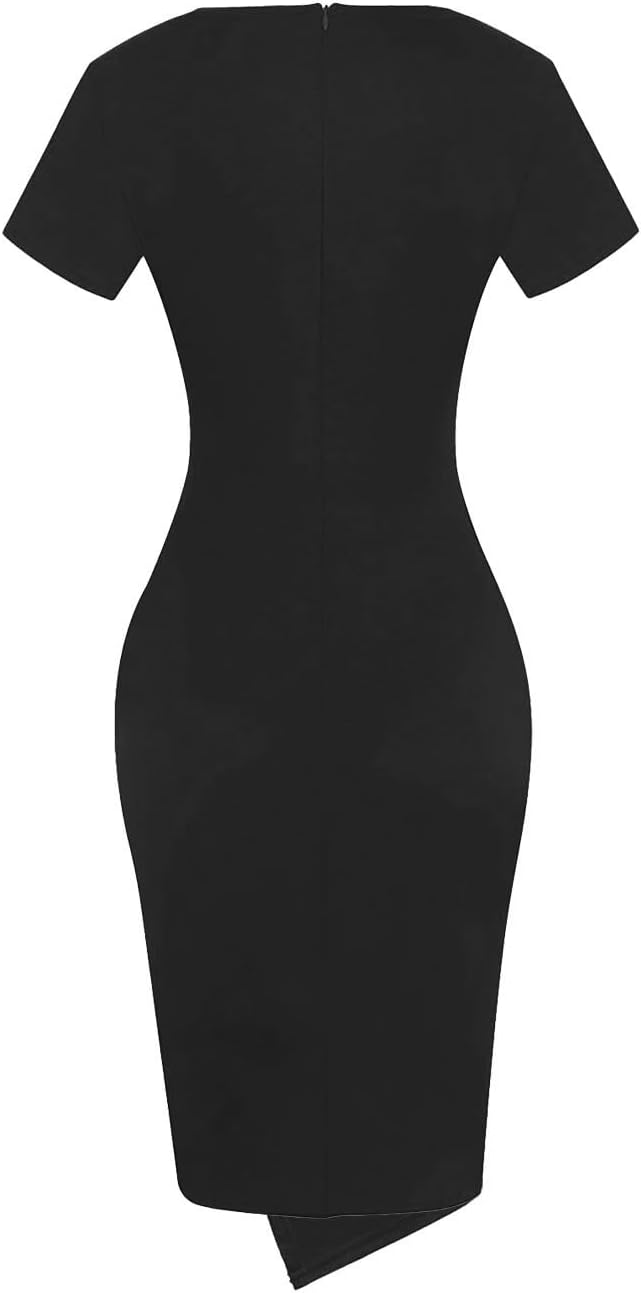 Work Pencil Dress for Women Wedding Guest Bodycon Midi Dresses Sheath Church Wrap Knot Short Sleeve Business Casual Elegant Retro Dress 2025(Black,Small) - Image 3