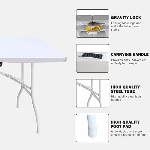 ICSPOID Portable Plastic Folding Table 4ft/6ft/8ft Heavy Duty White Black Picnic Dining Table Fold-in-Half for Camp Party Kitchen Indoor Outdoor