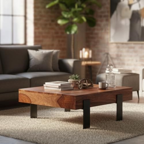 Image of Modern Solid Wood Coffee Table for Living Room | Wooden Center Table with Thick Top | Wooden Leg Cocktail Table | Contemporary Tea Table Furniture for Home, Lounge & Apartment | Light Walnut