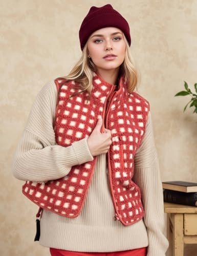 Women's Checkered Sherpa Vest Sleeveless Fleece Vest Jacket Zip Up High Neck Plaid Gilet for Warmth & Style4
