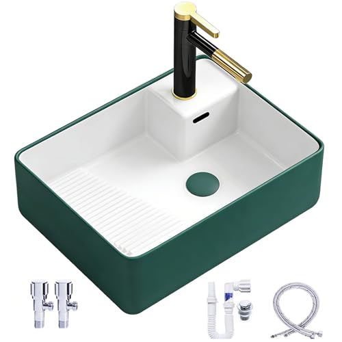 Lavabo Sobre Encimera, Tabla de Lavar de Cerámica de Una Sola Pieza, Diseño con Orificio de Rebosadero, Lavadero Pila Exterior con Kit de Desagüe, para Tocador, Balcón(Green)