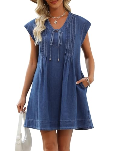 Denim Dress for Women,V Neck Jean Dresses Short Sleeves Denim Romper Dress with Pockets2