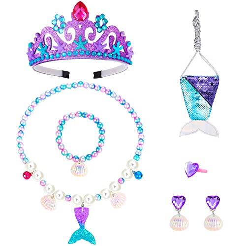 Abeillo Kit de joalharia de sereia para meninas, conjunto de jóias de sereia incluído, coroa de sereia, colar de concha de sereia, brincos, bolsas de organza, presentes de aniversário para festa de