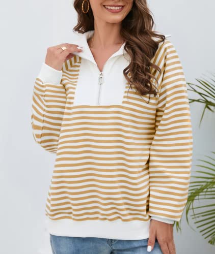 Aleibuau Womens Tops Fall Clothes Half Zip Striped Spliced Hoodies Long Sleeve High Neck Casual Sweatshirt Sweater Ginger S #TOP6