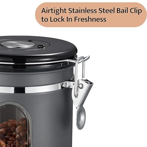 Veken Coffee Canister with Window, Airtight Stainless Steel Kitchen Food Storage Container with Date Tracker and Scoop for Grounds Coffee, Beans, Tea, Flour, Cereal, Sugar, 22OZ, Gray