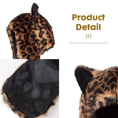 Shellkingdom Plush Novelty Animal Hat,3 In 1 Function Leopard Faux Fur Full Animal Hood Hat Winter Warmer Cap  thumb #6