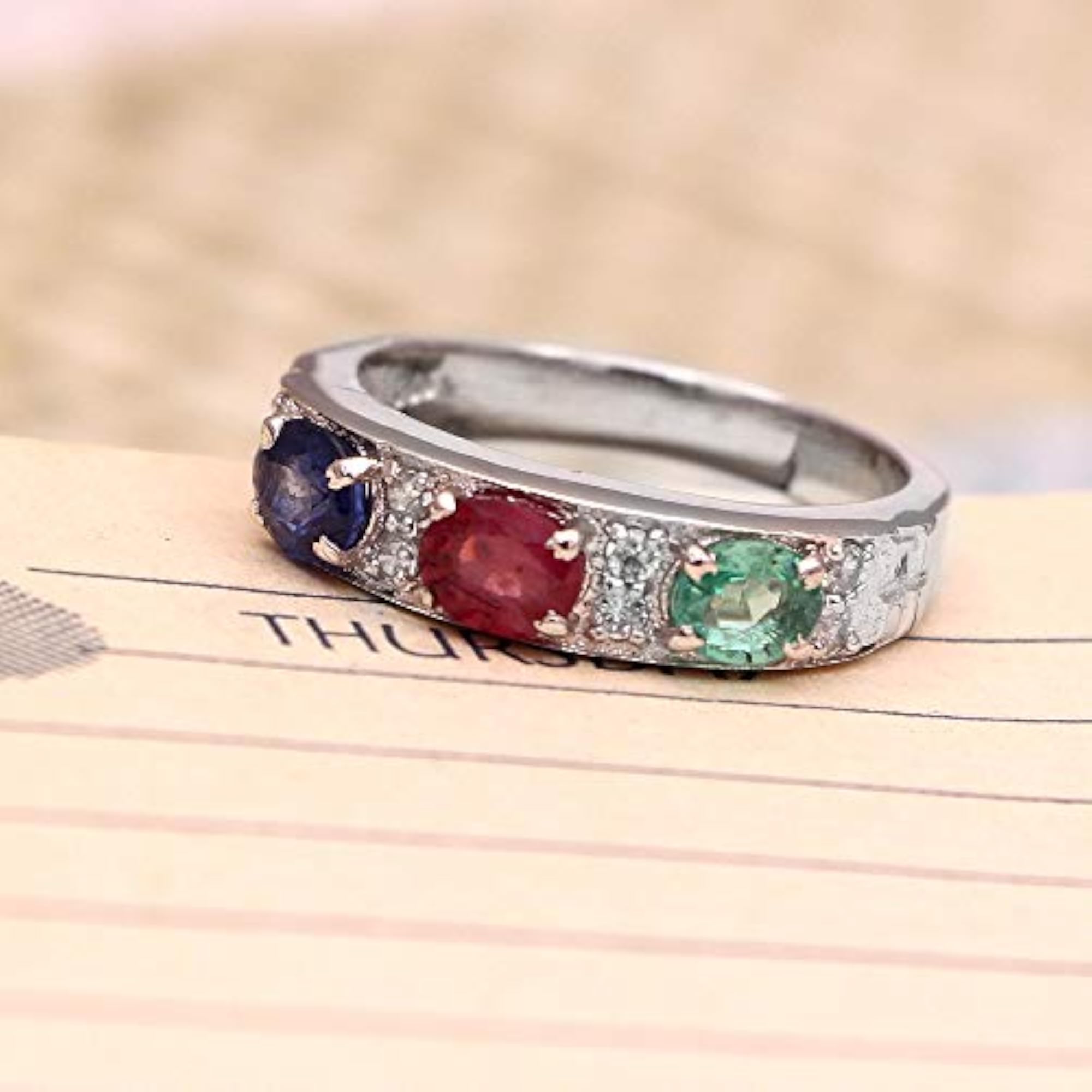 925 Silver Ring with Natural Ruby, Emerald, Sapphire