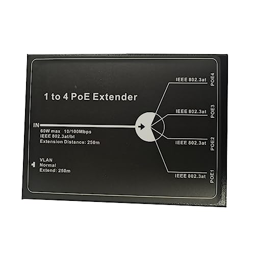 Blmirror 1 to 4 PoE Extender 4 Port PoE Extender IEEE802.3At Poe Extender Extender Decorative Accessories Max Extend 250M 65W Max for Ip Camera 10/100M
