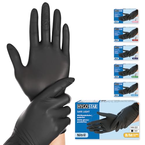 FRANZ MENSCH Hygostar Nitrilhandschuhe Safe Light | puderfrei, schwarz, 8/M, 24cm, 100 Stück, Einweghandschuhe, Einmalhandschuhe, in Gr. XS, S, M, L, XL & XXL verfügbar
