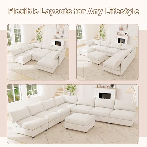 Image of 125 inch Chenille Modular Sectional Sofa Bed Hidden Storage, Convertible L U Shaped Sleeper Couch, 8 Seat Modern Modular Sectional Sofa with Removable Covers & Ottoman Chaise, for Living Room, Blue