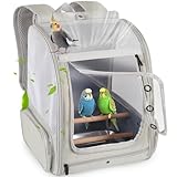 Bird Backpack Carrier with Front Zipper Opening, Portable Bird Travel Carrier Cage with 2 Standing Perches and Metal Tray, Breathable Transport Bag for Parakeet, Budgie, Conure, Cockatiel, Parrot