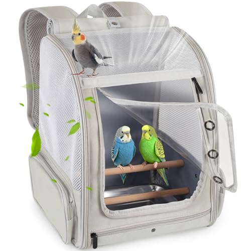 Bird Backpack Carrier with Front Zipper Opening, Portable Bird Travel Carrier Cage with 2 Standing Perches and Metal Tray, Breathable Transport Bag for Parakeet, Budgie, Conure, Cockatiel, Parrot