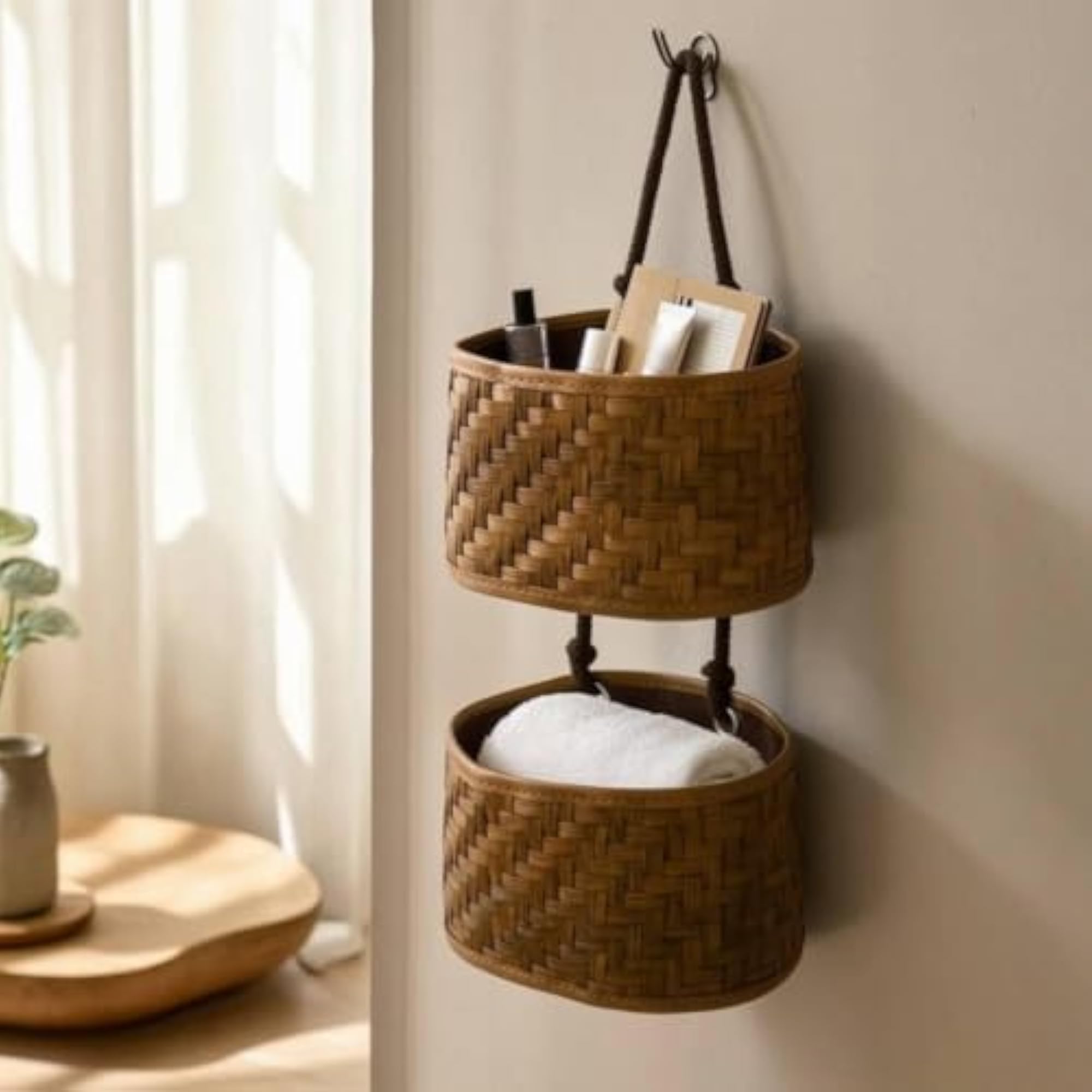 Double Tier Faux Rattan Hanging Storage Basket for Wall Mounting