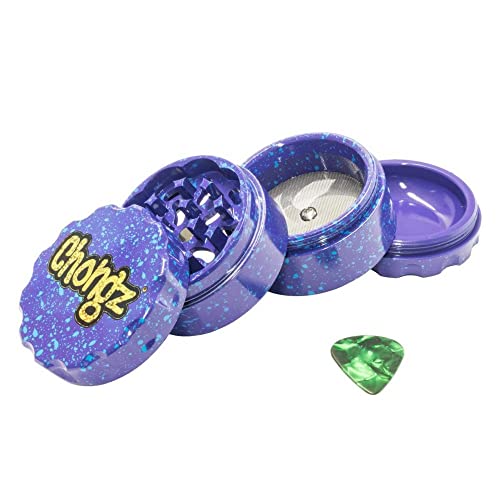 Chongz Grinder 60mm (2.4inch or 6cm), 4 Part Metal Heavy Duty, 4 Layers, Sifter, for Dry Tobacco Spice Herb with Scoop Blue Splash Magnetic Design - Purple