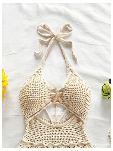 Image of GORGLITTER Women's Vacation Outfit Crochet Halter Knit Bubble Mini Dress Sexy Beach Cruise Summer Miami Resort Outfits Apricot Starfish X-Small