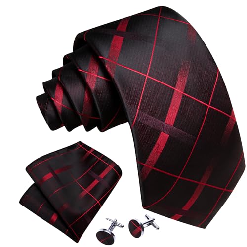 Image of Barry.Wang Plaid Ties for Men Silk Necktie Handkerchief Cuff Links Set