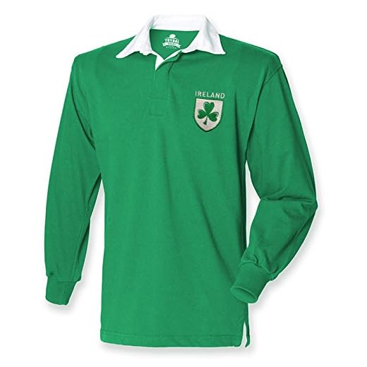 FunkyShirt - Polo à manches longues - Maillot de rugby vintage de l'Irlande avec trèfle - Vert - Large