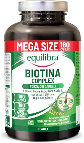 Equilibra Biotine Hautement Dosée 450 mcg, pour les Cheveux et les Ongles, avec Zinc, Cuivre, Sélénium, Extraits d’Ortie, de Millet et de Prêle, Végan, Sans Gluten, Sans Lactose, 180 Gélules