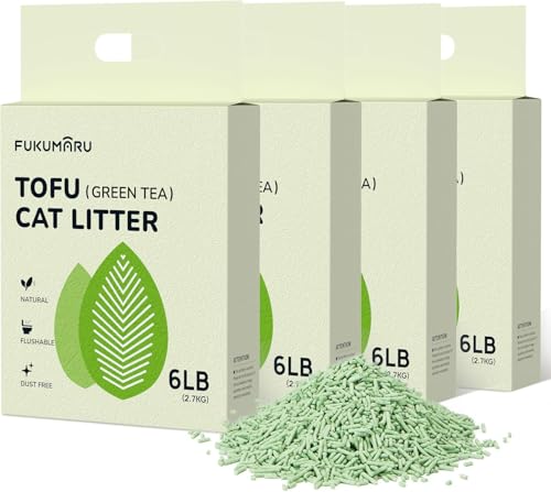 FUKUMARU Tofu Cat Litter, Clumping Cat Litter, Odour Control with Green Tea Scent, Dust-Free and Easy to Clump, Flushable, Direct to Toliet, 2.7Kg x 4bags