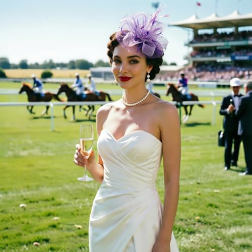 Image of DRESHOW Fascinators Hat Flower Mesh Ribbons Feathers on a Headband and a Clip Tea Party Headwear for Girls and Women